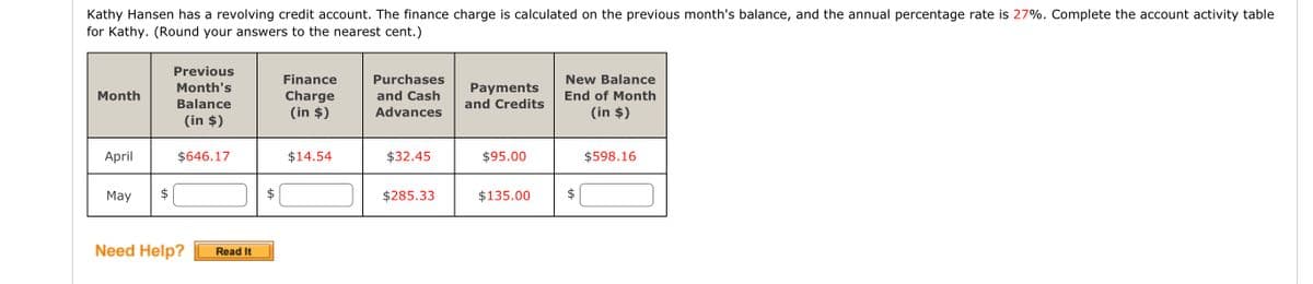 Kathy Hansen has a revolving credit account. The finance charge is calculated on the previous month's balance, and the annual percentage rate is 27%. Complete the account activity table
for Kathy. (Round your answers to the nearest cent.)
Month
April
May
Previous
Month's
Balance
(in $)
$646.17
Need Help? Read It
Finance
Charge
(in $)
$14.54
Purchases
and Cash
Advances
$32.45
$285.33
Payments
and Credits
$95.00
$135.00
New Balance
End of Month
(in $)
tA
$598.16