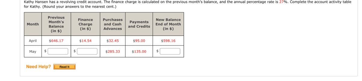 Kathy Hansen has a revolving credit account. The finance charge is calculated on the previous month's balance, and the annual percentage rate is 27%. Complete the account activity table
for Kathy. (Round your answers to the nearest cent.)
Month
April
May
Previous
Month's
Balance
(in $)
$646.17
Need Help? Read It
LA
Finance
Charge
(in $)
$14.54
Purchases
and Cash
Advances
$32.45
$285.33
Payments
and Credits
$95.00
$135.00
New Balance
End of Month
(in $)
$598.16