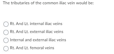 The tributaries of the common iliac vein would be:
Rt. And Lt. internal iliac veins
Rt. And Lt. external iliac veins
Internal and external iliac veins
Rt. And Lt. femoral veins