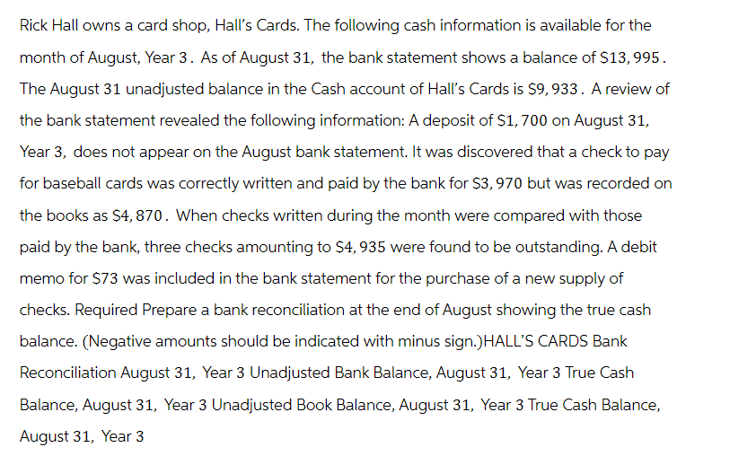 Rick Hall owns a card shop, Hall's Cards. The following cash information is available for the
month of August, Year 3. As of August 31, the bank statement shows a balance of $13,995.
The August 31 unadjusted balance in the Cash account of Hall's Cards is $9,933. A review of
the bank statement revealed the following information: A deposit of $1,700 on August 31,
Year 3, does not appear on the August bank statement. It was discovered that a check to pay
for baseball cards was correctly written and paid by the bank for $3,970 but was recorded on
the books as $4,870. When checks written during the month were compared with those
paid by the bank, three checks amounting to $4, 935 were found to be outstanding. A debit
memo for $73 was included in the bank statement for the purchase of a new supply of
checks. Required Prepare a bank reconciliation at the end of August showing the true cash
balance. (Negative amounts should be indicated with minus sign.) HALL'S CARDS Bank
Reconciliation August 31, Year 3 Unadjusted Bank Balance, August 31, Year 3 True Cash
Balance, August 31, Year 3 Unadjusted Book Balance, August 31, Year 3 True Cash Balance,
August 31, Year 3