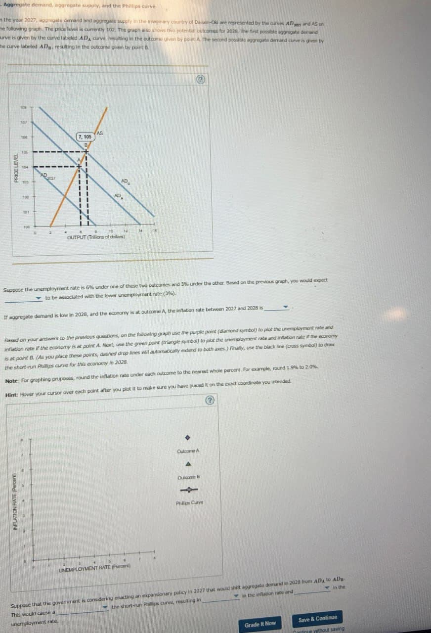 Aggregate demand, aggregate supply, and the Phillips curve
in the year 2027, aggregate demand and aggregate supply in the Imaginary country of Daisen-Oki are represented by the curves AD and AS on
the following graph. The price level is currently 102. The graph also shows two potential outcomes for 2028. The first possible aggregate demand
surve is given by the curve labeled ADA curve, resulting in the outcome given by point A. The second possible aggregate demand curve is given by
The curve labeled ADB. resulting in the outcome given by point B.
PRICE LEVEL
107
106
7,105
104
AD
102
101
B
AD
ADA
100
10
12
16
OUTPUT (Trillions of dollars)
Suppose the unemployment rate is 6% under one of these two outcomes and 3% under the other. Based on the previous graph, you would expect
to be associated with the lower unemployment rate (3%).
If aggregate demand is low in 2028, and the economy is at outcome A, the inflation rate between 2027 and 2028 is
Based on your answers to the previous questions, on the following graph use the purple point (diamond symbol) to plot the unemployment rate and
inflation rate if the economy is at point A. Next, use the green point (triangle symbol) to plot the unemployment rate and inflation rate if the economy
is at point B. (As you place these points, dashed drop lines will automatically extend to both axes.) Finally, use the black line (cross symbol) to draw
the short-run Phillips curve for this economy in 2028.
Note: For graphing pruposes, round the inflation rate under each outcome to the nearest whole percent. For example, round 1.9% to 2.0%
Hint: Hover your cursor over each point after you plot it to make sure you have placed it on the exact coordinate you intended.
UNEMPLOYMENT RATE (Percent)
Outcome A
A
Outcome B
Phillips Curve
Suppose that the government is considering enacting an expansionary policy in 2027 that would shift aggregate demand in 2028 from ADA to AD-
This would cause a
the short-run Phillips curve, resulting in
in the inflation rate and
in the
unemployment rate.
Grade It Now
Save & Continue
without saving