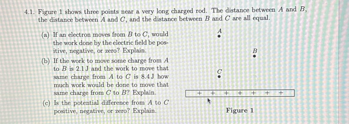 4.1. Figure 1 shows three points near a very long charged rod. The distance between A and B,
the distance between A and C, and the distance between B and C are all equal.
(a) If an electron moves from B to C, would
the work done by the electric field be pos-
itive, negative, or zero? Explain.
ative,
(b) If the work to move some charge from A
to B is 2.1 J and the work to move that
same charge from A to C is 8.4 J how
much work would be done to move that
same charge from C to B? Explain.
(c) Is the potential difference from A to C
positive, negative, or zero? Explain.
A
B0
00
+
+
+
+ + +
Figure 1