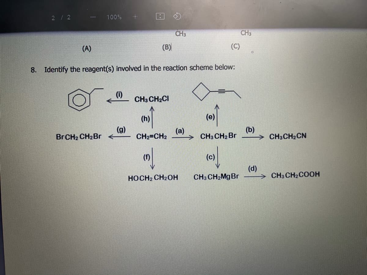 2/2
100%
CH3
CH3
(A)
(B)
(C)
8. Identify the reagent(s) involved in the reaction scheme below:
(i)
CH3 CH2CI
(e)
(a)
CH2=CH2
(b)
CH3 CH2 Br
BRCH2 CH2Br
CH3CH2CN
(c)
(d)
> CH3 CH2COOH
HOCH2 CH2OH
CH3 CH2MG Br
