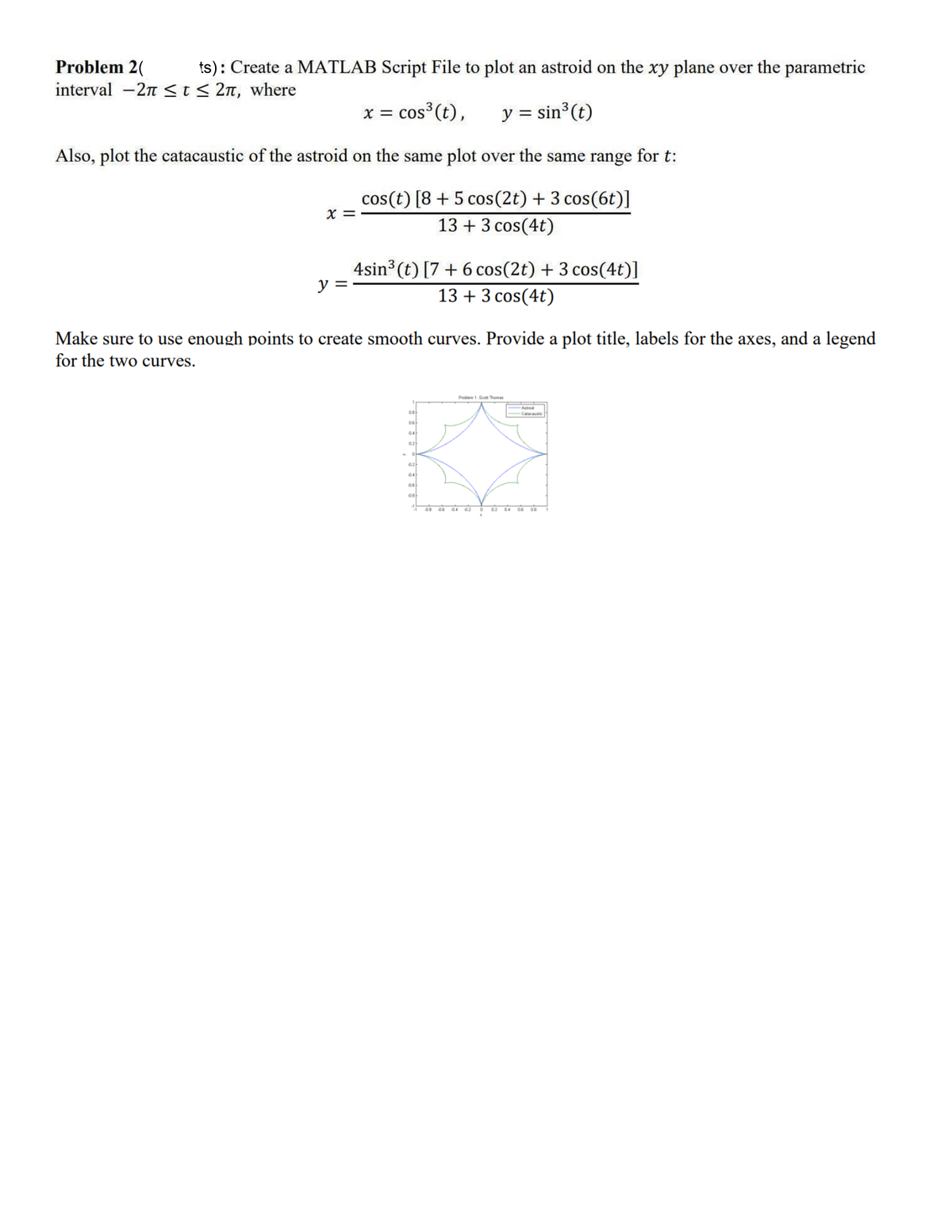 Problem 2(
ts): Create a MATLAB Script File to plot an astroid on the xy plane over the parametric
interval -2π t≤ 2π, where
x = cos³(t),
y = sin³ (t)
Also, plot the catacaustic of the astroid on the same plot over the same range for t:
x =
cos(t) [8+5 cos(2t) + 3 cos(6t)]
13 + 3 cos(4t)
y =
4sin³ (t) [7+ 6 cos(2t) + 3 cos(4t)]
13 + 3 cos(4t)
Make sure to use enough points to create smooth curves. Provide a plot title, labels for the axes, and a legend
for the two curves.
08
06
04
02
02-
04
06
Problem 1: Scott Thomas
-Astroid
Catacaustic
11
OF
06
04 02
02