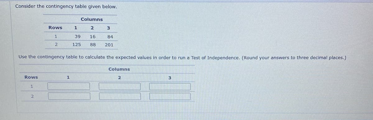 Consider the contingency table given below.
Rows
1
Rows
1
2
2
1
1
39
125
Use the contingency table to calculate the expected values in order to run a Test of Independence. (Round your answers to three decimal places.)
Columns
2
3
16
84
88 201
Columns
2
3