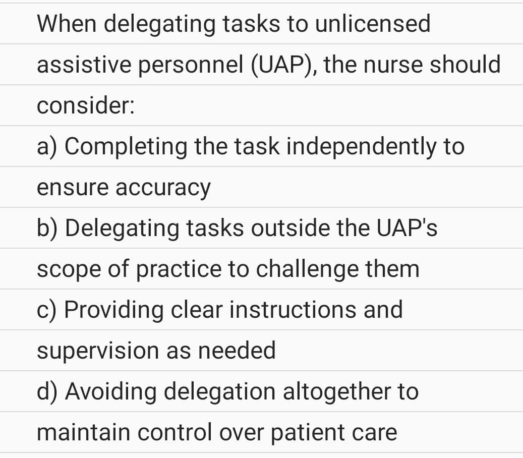 When delegating tasks to unlicensed
assistive personnel (UAP), the nurse should
consider:
a) Completing the task independently to
ensure accuracy
b) Delegating tasks outside the UAP's
scope of practice to challenge them
c) Providing clear instructions and
supervision as needed
d) Avoiding delegation altogether to
maintain control over patient care