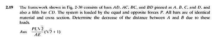 2.19 The framework shown in Fig. 2-38 consists of bars AD, AC, BC, and BD pinned at A. B. C. and D. and
also a fifth bar CD. The system is loaded by the equal and opposite forces P. All bars are of identical
material and cross section. Determine the decrease of the distance between A and B due to these
loads.
Ans
PLV 2
AE
(√2+1)