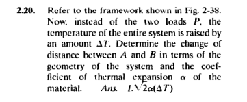 2.20. Refer to the framework shown in Fig. 2-38.
Now, instead of the two loads P, the
temperature of the entire system is raised by
an amount 17. Determine the change of
distance between A and B in terms of the
geometry of the system and the coef-
ficient of thermal expansion a of the
material. Ans. LV2a(AT)