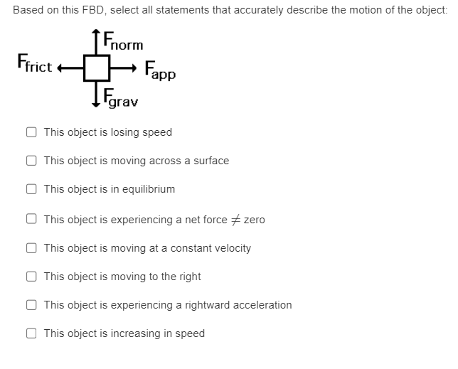Based on this FBD, select all statements that accurately describe the motion of the object:
Fnorm
Ffrict
Fapp
Fgrav
This object is losing speed
This object is moving across a surface
This object is in equilibrium
This object is experiencing a net force #zero
This object is moving at a constant velocity
This object is moving to the right
This object is experiencing a rightward acceleration
This object is increasing in speed