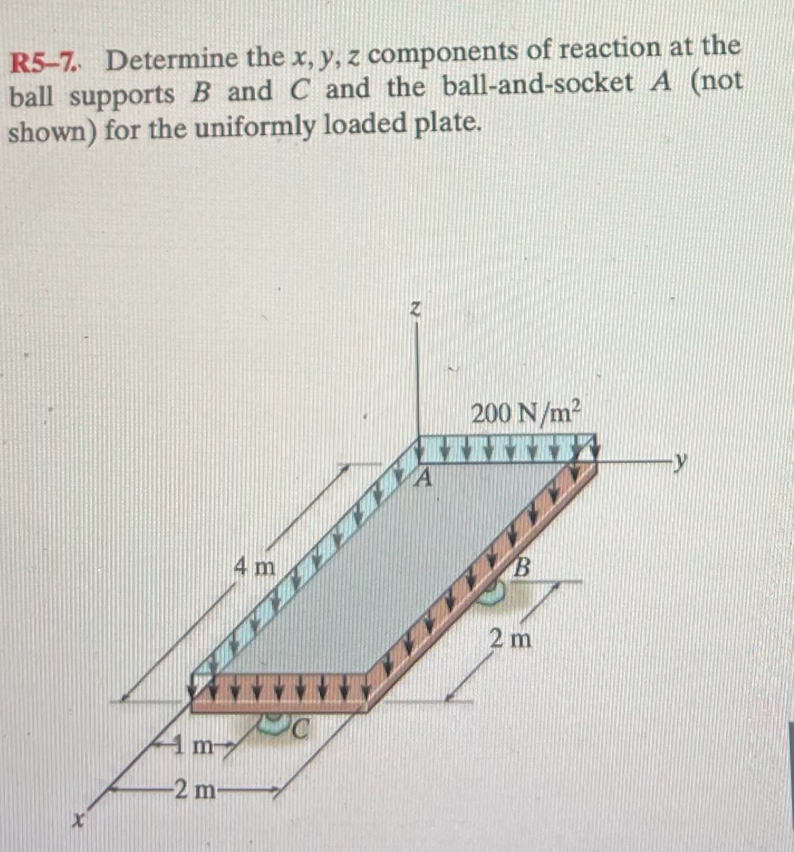 R5-7. Determine the x, y, z components of reaction at the
ball supports B and C and the ball-and-socket A (not
shown) for the uniformly loaded plate.
m
-2 m
4 m
C
200 N/m²
*******
B
2 m
ENE
-y