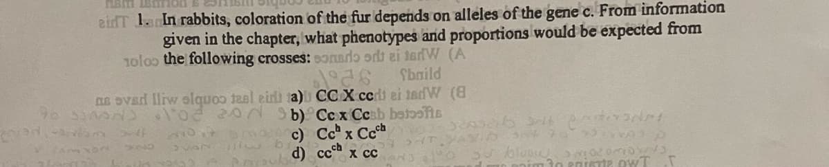 ABITI LED
aidT 1. In rabbits, coloration of the fur depends on alleles of the gene c. From information
given in the chapter, what phenotypes and proportions would be expected from
10loo the following crosses: sonado ort ei terW (A
Sbaild
ne ved lliw alquoo teal ein a)
od 2009 b)
to SMAN)
antam Sl
126
CC X ccdi ei 18dW (8
Cc x Ceab betoofts
Cc x Ccch2
HT YA
aud) cccx cc 30
229
Lak 22
mac)
VAN i b
115 Srl pres
bus
mão enisuIP OWT
T