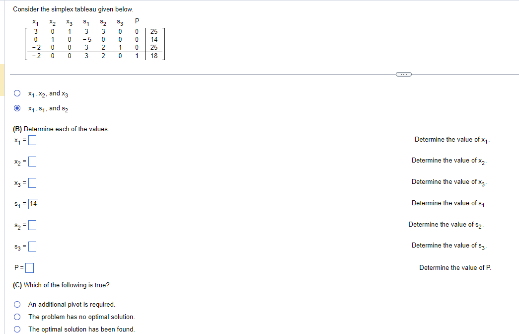 Consider the simplex tableau given below.
S₁ $₂
3
-5
3
3
x₂ =
X3
X₁
3
0
O X₁, X2, and x3
O
X₁, S₁, and s₂
S₂ =
-2
·2
S₁ = 14
S3
(B) Determine each of the values.
P
0
1
0
0
X3
1
0
0
0
S3
3 0
0
0
2
1
2
0
P
0
25
0
14
0
25
1 18
(C) Which of the following is true?
O An additional pivot is required.
O The problem has no optimal solution.
O The optimal solution has been found.
G
Determine the value of x₁.
Determine the value of x₂.
Determine the value of X3.
Determine the value of $₁.
Determine the value of $2.
Determine the value of $3.
Determine the value of P.