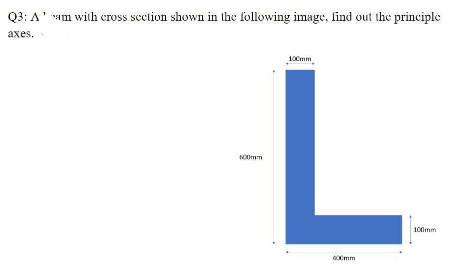 Q3: A' >am with cross section shown in the following image, find out the principle
аxes.
100mm
600mm
100mm
400mm
