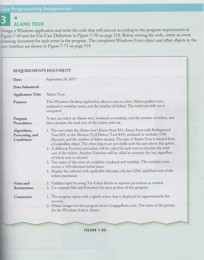 Case Programming Assignments
3
ALAMO TOUR
Design a Windows application and write the code that will execute according to the program requirements in
Figure 7-69 and the Use Case Definition in Figure 7-70 on page 518. Before writing the code, create an event
planning document for each event in the program. The completed Windows Form object and other objects in the
user interface are shown in Figure 7-71 on page 518.
REQUIREMENTS DOCUMENT
September 24, 2017
Date:
Date Submitted:
Application Title:
Purpose:
Program
Procedures: and
Algorithms,
Processing, and
Conditions:
Notes and
Restrictions:
BH
Comments:
algal
0522
0042
Alamo Tour
This Windows Desktop application allows a user to select Alamo guided tours,
weekend or weekday tours, and the number of tickets. The total cost with tax is
computed.
A user can select an Alamo tour, weekend or weekday, and the number of tickets, and
then calculate the total cost of the tickets with tax.
1. The user enters the Alamo tour (Alamo Story $19, Alamo Story with Battleground
Tour $29, or the Mission Trail Deluxe Tour $49), weekend or weekday (10%
discount), and the number of tickets needed. The type of Alamo Tour is selected from
a ComboBox object. The other objects are not visible until the user selects this option.
2. A different Function procedure will be called for each tour to calculate the total
cost of the tickets. Another Function will be called to compute the tax, regardless
of which tour is selected.
3. Two types of day tours are available: weekend and weekday. The weekday tours
receive a 10% discount before taxes.
4. Display the subtotal with applicable discount, city tax (12%), and final total of the
tickets purchased.
1. Validate input by using Try-Catch blocks in separate procedures as needed.
2. Use separate Sub and Functions for each portion of this program.
1. The program opens with a splash screen that is displayed for approximately five
seconds.
2. Obtain images for this program from CengageBrain.com. The name of the picture
for the Windows form is Alamo.
FIGURE 7-69