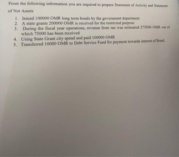 From the following information you are required to prepare Statement of Activity and Statement
of Net Assets
1. Issued 100000 OMR long term bonds by the government department
2. A state grants 200000 OMR is received for the restricted purpose
3. During the fiscal year operations, revenue from tax was estimated 275000 OMR out of
which 75000 has been received
4. Using State Grant city spend and paid 100000 OMR
5. Transferred 10000 OMR to Debt Service Fund for payment towards interest of Bond.
