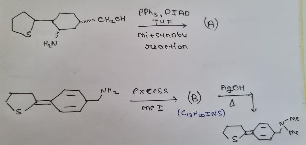 PPh3, DIAD
CH20H
(A)
THF
mitsunobu
H2N
sreaction
NH2
excess
AGOH
()
(Ci3H20 INS)
me I
N-me
me
