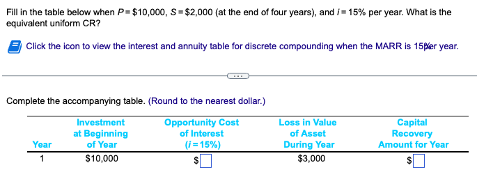 Fill in the table below when P= $10,000, S= $2,000 (at the end of four years), and i= 15% per year. What is the
equivalent uniform CR?
Click the icon to view the interest and annuity table for discrete compounding when the MARR is 15per year.
Complete the accompanying table. (Round to the nearest dollar.)
Opportunity Cost
of Interest
(i=15%)
$
Year
Investment
at Beginning
of Year
$10,000
Loss in Value
of Asset
During Year
$3,000
Capital
Recovery
Amount for Year