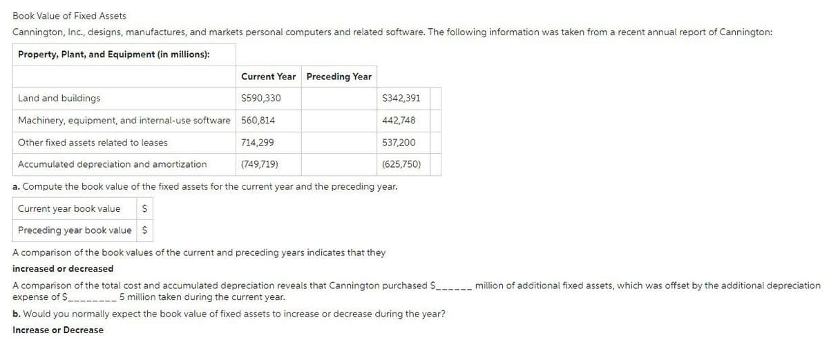 Book Value of Fixed Assets
Cannington, Inc., designs, manufactures, and markets personal computers and related software. The following information was taken from a recent annual report of Cannington:
Property, Plant, and Equipment (in millions):
Current Year Preceding Year
Land and buildings
$590,330
Machinery, equipment, and internal-use software 560,814
Other fixed assets related to leases
714,299
(749,719)
$342,391
442,748
537,200
(625,750)
Accumulated depreciation and amortization
a. Compute the book value of the fixed assets for the current year and the preceding year.
Current year book value $
Preceding year book value $
A comparison of the book values of the current and preceding years indicates that they
increased or decreased
A comparison of the total cost and accumulated depreciation reveals that Cannington purchased $____________ million of additional fixed assets, which was offset by the additional depreciation
expense of $____________ 5 million taken during the current year.
b. Would you normally expect the book value of fixed assets to increase or decrease during the year?
Increase or Decrease