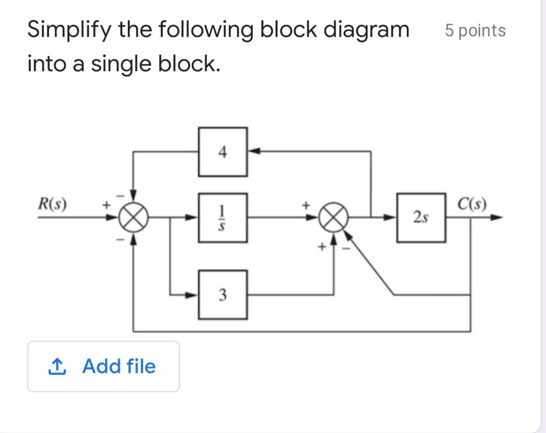 Simplify the following block diagram
5 points
into a single block.
4
R(s)
C(s)
1
2s
3
1 Add file
