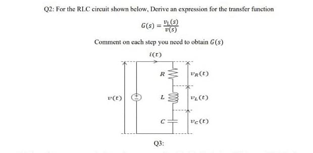 Q2: For the RLC circuit shown below, Derive an expression for the transfer function
G(s) = (9)
Comment on each step you need to obtain G(s)
i(t)
VR(t)
v(t)
ve(t)
