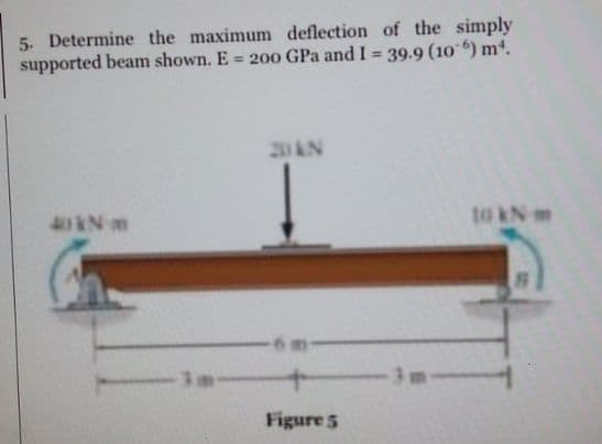 5. Determine the maximum deflection of the simply
supported beam shown. E = 200 GPa and I = 39.9 (10 ) m.
%3D
20AN
411kN m
to kN
Figure 5
