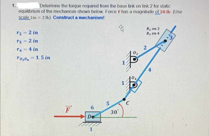 1.
Determine the torque required from the base link on link 2 for static
equilibrium of the mechanism shown below. Force F has a magnitude of 20 lb. (Use
scale 1in = 2 lb). Construct a mechanism!
Bz on 2
B, on 4
3
T3 = 2 in
Ts = 2 in
T4 = 4 in
T020, = 1.5 in
1
4.
F
30
De
1
