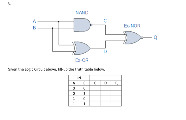 3.
NAND
A
C
Ex-NOR
B
Ex-OR
Given the Logic Circuit above, fill-up the truth table below.
IN
A
B
C
D
1
1
11
