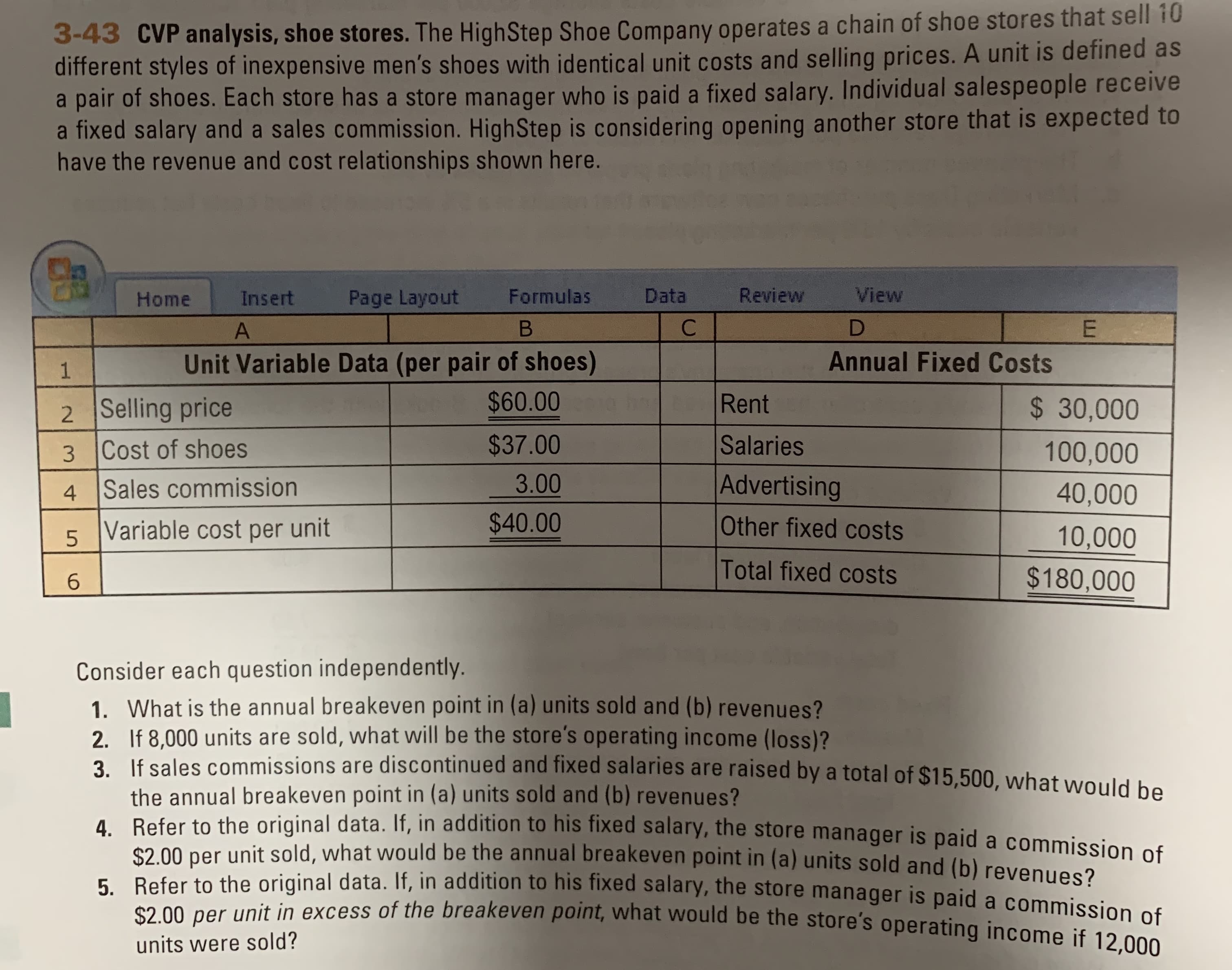 3-43 CVP analysis, shoe stores. The HighStep Shoe Company operates a chain of shoe stores that sell 10
different styles of inexpensive men's shoes with identical unit costs and selling prices. A unit is defined as
a pair of shoes. Each store has a store manager who is paid a fixed salary. Individual salespeople receive
a fixed salary and a sales commission. HighStep is considering opening another store that is expected to
have the revenue and cost relationships shown here.
View
Review
Data
Formulas
Home
Page Layout
Insert
C
D
E
В
A
Annual Fixed Costs
Unit Variable Data (per pair of shoes)
1
$60.00
Rent
$ 30,000
2 Selling price
$37.00
Salaries
3 Cost of shoes
Sales commission
100,000
Advertising
Other fixed costs
3.00
40,000
$40.00
5 Variable cost per unit
10,000
Total fixed costs
$180,000
6
Consider each question independently.
1. What is the annual breakeven point in (a) units sold and (b) revenues?
2. If 8,000 units are sold, what will be the store's operating income (loss)?
3. If sales commissions are discontinued and fixed salaries are raised by a total of $15,500, what would be
the annual breakeven point in (a) units sold and (b) revenues?
4. Refer to the original data. If, in addition to his fixed salary, the store manager is paid a commission of
$2.00 per unit sold, what would be the annual breakeven point in (a) units sold and (b) revenues?
5. Refer to the original data. If, in addition to his fixed salary, the store manager is paid a commission of
$2.00 per unit in excess of the breakeven point,what would be the store's operating income if 12,000
units were sold?
4
