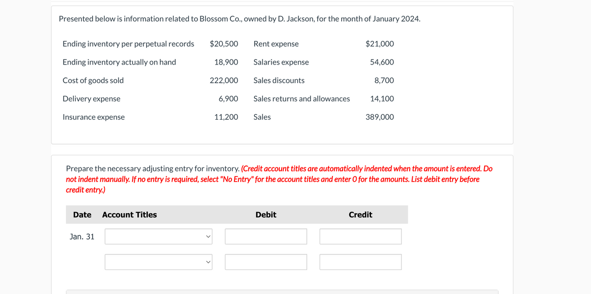 Presented below is information related to Blossom Co., owned by D. Jackson, for the month of January 2024.
Ending inventory per perpetual records
Ending inventory actually on hand
Cost of goods sold
Delivery expense
Insurance expense
Date Account Titles
$20,500
18,900
Jan. 31
222,000
6,900
11,200
Rent expense
Salaries expense
Sales discounts
Sales returns and allowances
Sales
$21,000
Debit
54,600
Prepare the necessary adjusting entry for inventory. (Credit account titles are automatically indented when the amount is entered. Do
not indent manually. If no entry is required, select "No Entry" for the account titles and enter O for the amounts. List debit entry before
credit entry.)
8,700
14,100
389,000
Credit