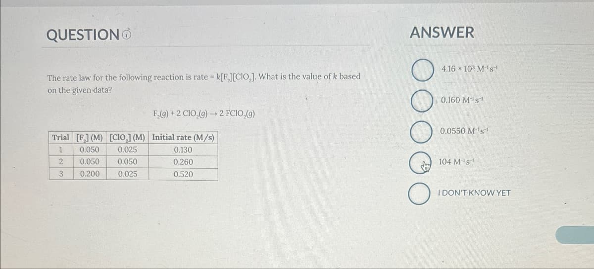 QUESTION
The rate law for the following reaction is rate = k[F][CIO₂]. What is the value of k based
on the given data?
ANSWER
O
4.16 × 103 M's
F,(g) +2 CIO(g)-2 FCIO,(g)
Trial [F] (M) [CIO,] (M) Initial rate (M/s)
1
0.050
0.025
0.130
2
0.050
0.050
0.260
3
0.200
0.025
0.520
0.160 MS1
0.0550 M¹s
104 M's
О
I DON'T KNOW YET