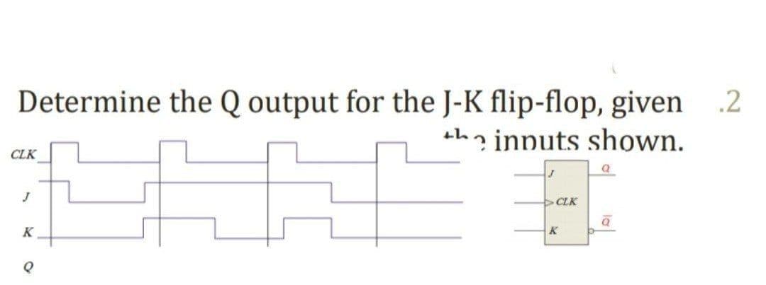 Determine the Q output for the J-K flip-flop, given
.2
ah? innuts shown.
CLK
CLK
K
K
