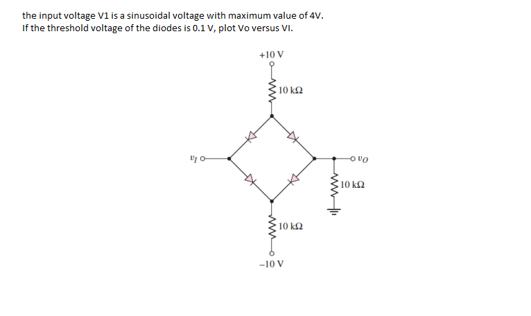the input voltage V1 is a sinusoidal voltage with maximum value of 4V.
If the threshold voltage of the diodes is 0.1 V, plot Vo versus VI.
+10 V
10 k2
o vo
10 k2
10 k2
-10 V
wwwo
