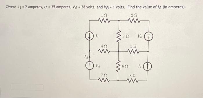 Given: I1 = 2 amperes, 12 = 35 amperes, VA = 28 volts, and VB = 1 volts. Find the value of IA (in amperes).
ΤΩ
ΖΩ
Μ
Φ
Οι
IA
4Ω
Μ
Μ
VA
Μ
ΤΩ
3 Ω
Μ
ΤΩ
6Ω
Im
ΒΩ
VB
(1