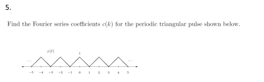 5.
Find the Fourier series coefficients c(k) for the periodic triangular pulse shown below.
-4
-2 -1 0 1 2 3 4 5