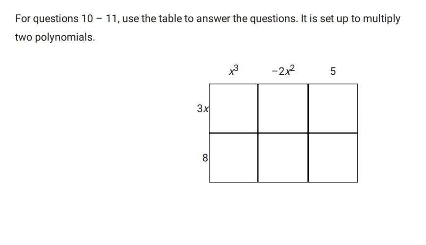 For questions 10-11, use the table to answer the questions. It is set up to multiply
two polynomials.
3x
8
to
-2x²
5