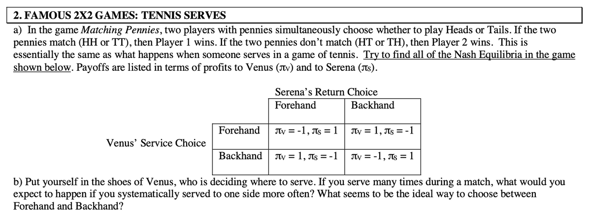 2. FAMOUS 2X2 GAMES: TENNIS SERVES
a) In the game Matching Pennies, two players with pennies simultaneously choose whether to play Heads or Tails. If the two
pennies match (HH or TT), then Player 1 wins. If the two pennies don't match (HT or TH), then Player 2 wins. This is
essentially the same as what happens when someone serves in a game of tennis. Try to find all of the Nash Equilibria in the game
shown below. Payoffs are listed in terms of profits to Venus (TV) and to Serena (Ts).
Serena's Return Choice
Forehand
Backhand
Forehand
Ty = -1, As = 1
ITy = 1, As = -1
Venus' Service Choice
Backhand
JTy = 1, Ts = -1
JTy = -1, Ts = 1
b) Put yourself in the shoes of Venus, who is deciding where to serve. If you serve many times during a match, what would
expect to happen if you systematically served to one side more often? What seems to be the ideal way to choose between
Forehand and Backhand?
you
