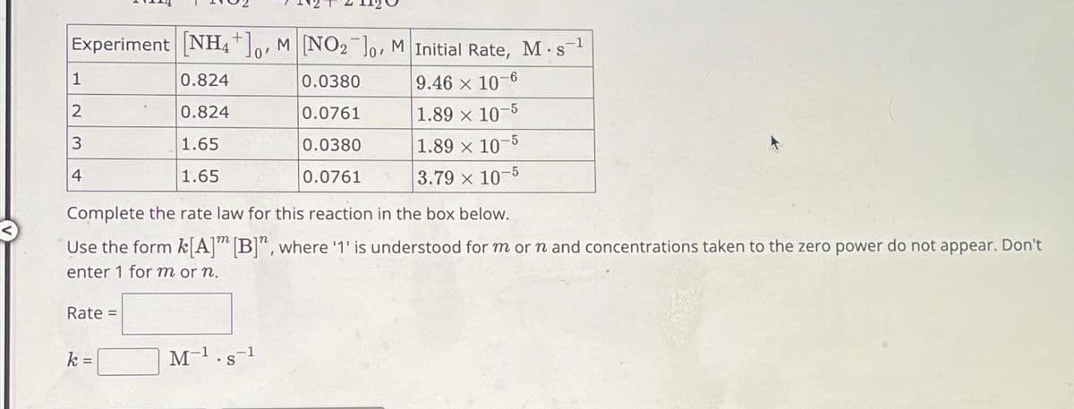 Experiment [NH4+]o, M [NO₂ ]o, M Initial Rate, M-s-¹
-1
0.0380
9.46 x 10-6
0.0761
1.89 x 10-5
0.0380
1.89 x 10-5
0.0761
3.79 x 10-5
1
2
3
4
Complete the rate law for this reaction in the box below.
Use the form k[A] [B]", where '1' is understood for m or n and concentrations taken to the zero power do not appear. Don't
enter 1 for m or n.
Rate =
0.824
0.824
1.65
1.65
k =
-1
S
-1