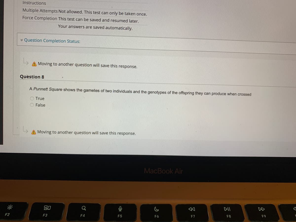 F2
Instructions
Multiple Attempts Not allowed. This test can only be taken once.
Force Completion This test can be saved and resumed later.
Your answers are saved automatically.
Question Completion Status:
A Moving to another question will save this response.
Question 8
A Punnett Square shows the gametes of two individuals and the genotypes of the offspring they can produce when crossed
True
False
A Moving to another question will save this response.
80
F3
Q
F4
O
F5
MacBook Air
F6
F7
DII
F8
F9
F