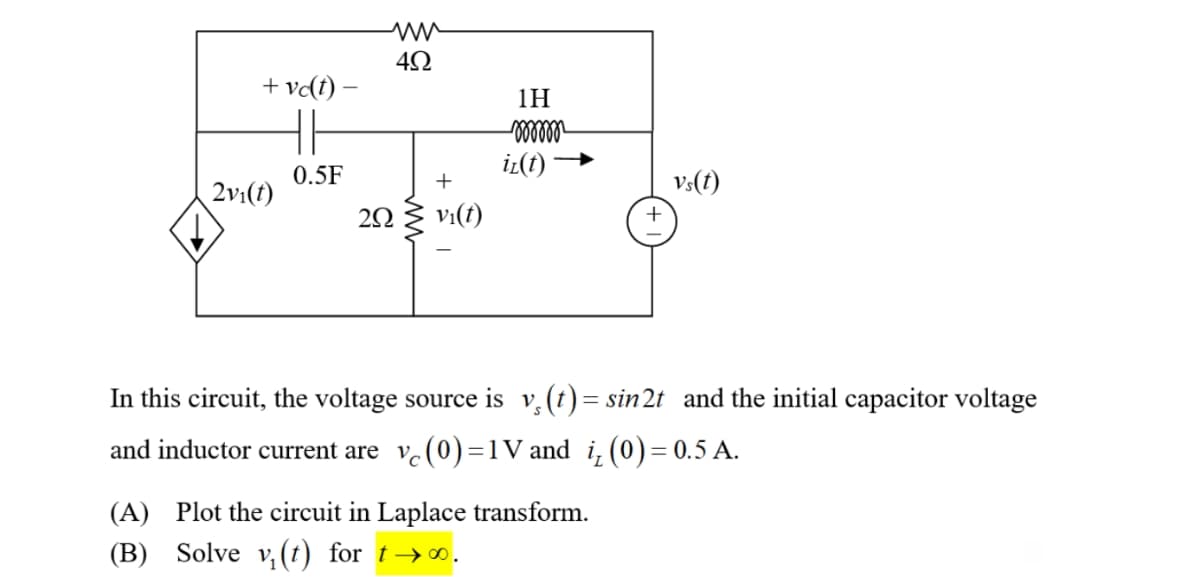 2vi(t)
+vc(t) -
www
4Ω
н
0.5F
1H
mmmm
iz(t)
+
vs(t)
292
Vi(t)
+
In this circuit, the voltage source is v. (t) = sin 2t and the initial capacitor voltage
and inductor current are vc (0)=1V and ₁₂ (0) = 0.5 A.
(A) Plot the circuit in Laplace transform.
(B) Solve v₁(t) for t→ ∞.