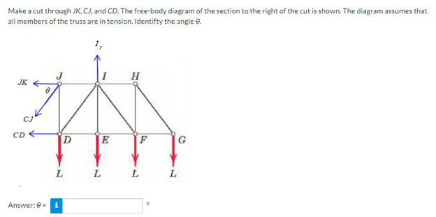Make a cut through JK, CJ, and CD. The free-body diagram of the section to the right of the cut is shown. The diagram assumes that
all members of the truss are in tension. Identifty the angle 8.
H
0
AN
D
E
JK
CD
L
Answer: 0-i
L
F
L
L
G
