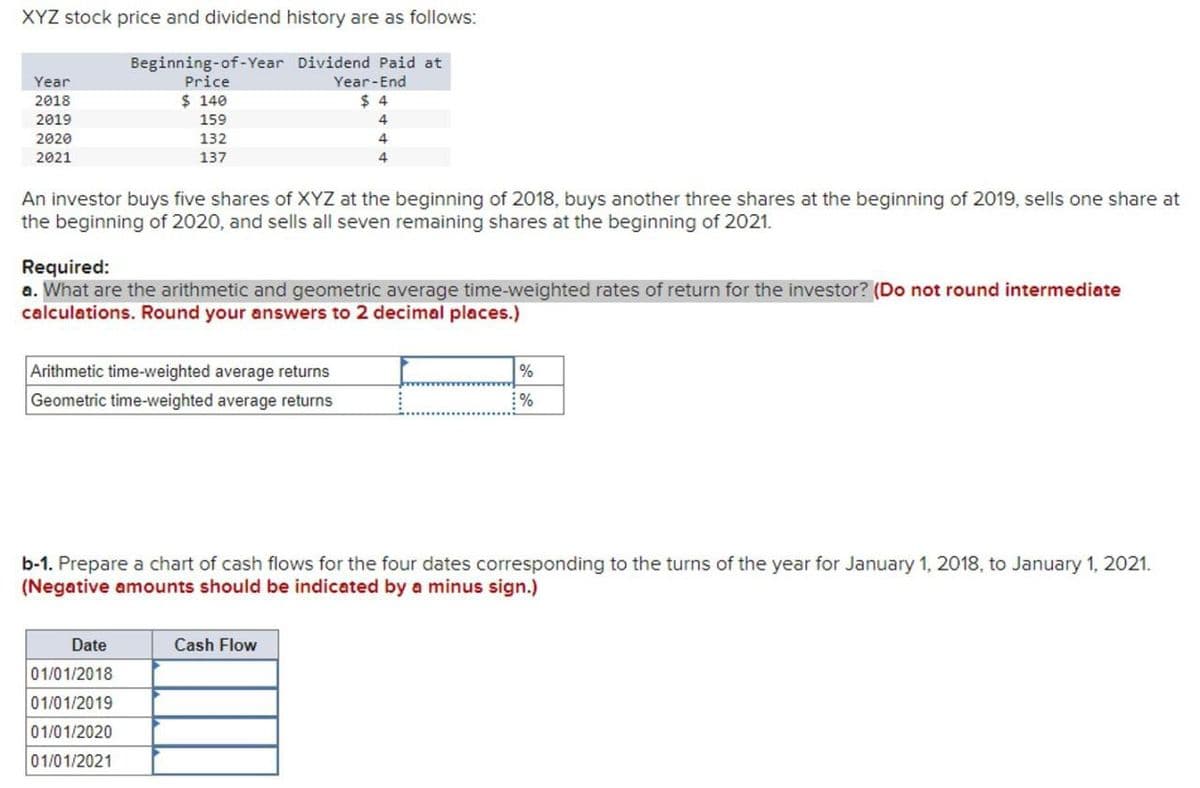XYZ stock price and dividend history are as follows:
Beginning-of-Year Dividend Paid at
Year
2018
2019
Price
$ 140
159
132
137
2020
2021
Year-End
$ 4
4
4
4
An investor buys five shares of XYZ at the beginning of 2018, buys another three shares at the beginning of 2019, sells one share at
the beginning of 2020, and sells all seven remaining shares at the beginning of 2021.
Required:
a. What are the arithmetic and geometric average time-weighted rates of return for the investor? (Do not round intermediate
calculations. Round your answers to 2 decimal places.)
Arithmetic time-weighted average returns
Geometric time-weighted average returns
%
%
b-1. Prepare a chart of cash flows for the four dates corresponding to the turns of the year for January 1, 2018, to January 1, 2021.
(Negative amounts should be indicated by a minus sign.)
Date
Cash Flow
01/01/2018
01/01/2019
01/01/2020
01/01/2021
