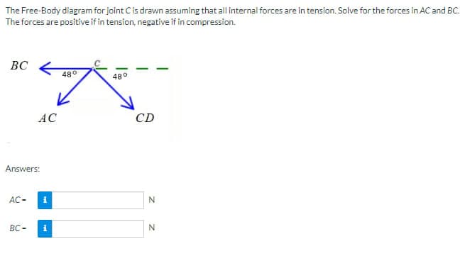 The Free-Body diagram for joint C is drawn assuming that all internal forces are in tension. Solve for the forces in AC and BC.
The forces are positive if in tension, negative if in compression.
BC
Answers:
AC-
BC-
AC
i
48°
7
i
48°
CD
N
N
