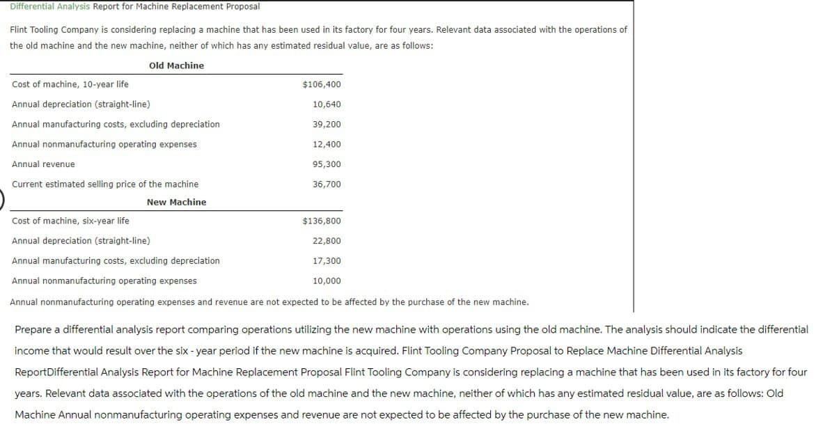 Differential Analysis Report for Machine Replacement Proposal
Flint Tooling Company is considering replacing a machine that has been used in its factory for four years. Relevant data associated with the operations of
the old machine and the new machine, neither of which has any estimated residual value, are as follows:
Old Machine
Cost of machine, 10-year life
$106,400
Annual depreciation (straight-line)
10,640
Annual manufacturing costs, excluding depreciation
39,200
Annual nonmanufacturing operating expenses
Annual revenue
12,400
95,300
Current estimated selling price of the machine
36,700
New Machine
Cost of machine, six-year life
$136,800
Annual depreciation (straight-line)
22,800
Annual manufacturing costs, excluding depreciation
17,300
Annual nonmanufacturing operating expenses
10,000
Annual nonmanufacturing operating expenses and revenue are not expected to be affected by the purchase of the new machine.
Prepare a differential analysis report comparing operations utilizing the new machine with operations using the old machine. The analysis should indicate the differential
income that would result over the six-year period if the new machine is acquired. Flint Tooling Company Proposal to Replace Machine Differential Analysis
ReportDifferential Analysis Report for Machine Replacement Proposal Flint Tooling Company is considering replacing a machine that has been used in its factory for four
years. Relevant data associated with the operations of the old machine and the new machine, neither of which has any estimated residual value, are as follows: Old
Machine Annual nonmanufacturing operating expenses and revenue are not expected to be affected by the purchase of the new machine.