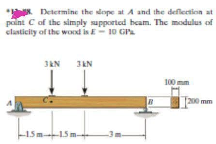 *8. Determine the slope at A and the deflection at
point C of the simply supported heam. The modulus of
clasticity of the wood is E - 10 GPa
3kN
3 kN
100 mm
LISE
-1.5m1.5 m
-3 m-
B
[200 mm