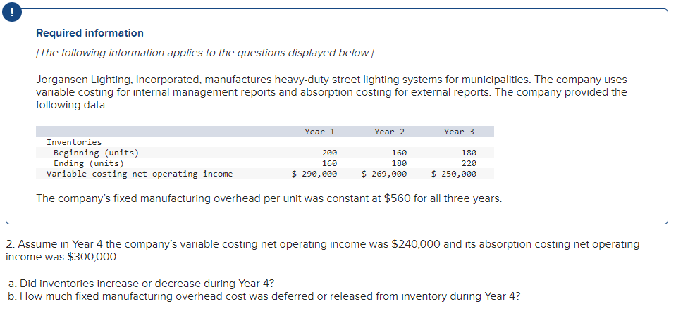 Required information
[The following information applies to the questions displayed below.]
Jorgansen Lighting, Incorporated, manufactures heavy-duty street lighting systems for municipalities. The company uses
variable costing for internal management reports and absorption costing for external reports. The company provided the
following data:
Year 1
Year 2
200
160
$ 290,000
Inventories
Beginning (units)
Ending (units)
Variable costing net operating income
The company's fixed manufacturing overhead per unit was constant at $560 for all three years.
Year 3
160
180
$ 269,000
180
220
$ 250,000
2. Assume in Year 4 the company's variable costing net operating income was $240,000 and its absorption costing net operating
income was $300,000.
a. Did inventories increase or decrease during Year 4?
b. How much fixed manufacturing overhead cost was deferred or released from inventory during Year 4?