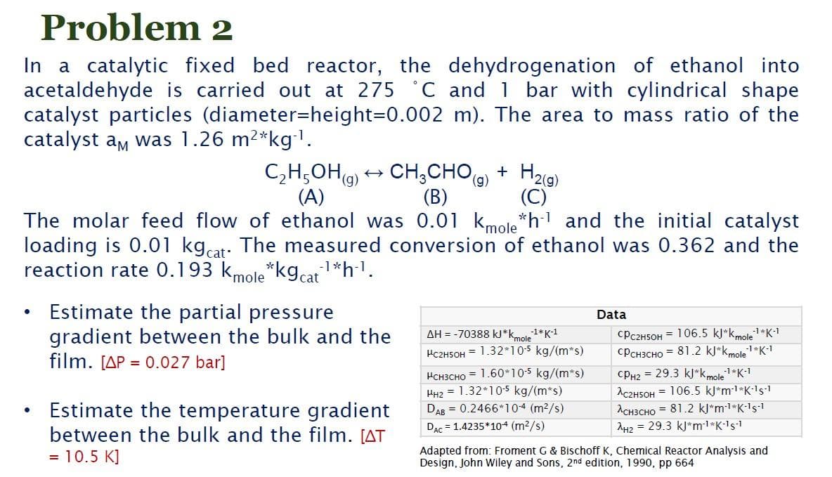 Problem 2
In a catalytic fixed bed reactor, the dehydrogenation of ethanol into
acetaldehyde is carried out at 275 °C and 1 bar with cylindrical shape
catalyst particles (diameter=height=D0.002 m). The area to mass ratio of the
catalyst am was 1.26 m2*kg'.
C,H,OHg) + CH3CHO) + H2g)
(6),
(A)
(C)
(B)
The molar feed flow of ethanol was 0.01 kmole*h and the initial catalyst
loading is 0.01 kgat: The measured conversion of ethanol was 0.362 and the
reaction rate 0.193 kmole*kgcat*h.
Estimate the partial pressure
gradient between the bulk and the
film. [AP = 0.027 bar]
Data
AH = -70388 kJ*kmole
-1*K-1
CPC2H5OH
106.5 kJ*kmole1*K-1
HC2H5OH = 1.32*105 kg/(m*s)
CPCH3CHO = 81.2 kJ*kmole1*K-1
HCH3CHO = 1.60*10-5 kg/(m*s)
HH2 = 1.32*10-5 kg/(m*s)
DAB = 0.2466*10-4 (m2/s)
CPH2 = 29.3 kJ*kmole 1*K-1
AC2HSOH = 106.5 kJ*m1*K1s-1
ACH3CHO = 81.2 kl*m1*Kls-1
Estimate the temperature gradient
between the bulk and the film. [AT
= 10.5 K]
DAC = 1.4235*104 (m2/s)
AH2 = 29.3 kJ*m-1*K•1s-1
Adapted from: Froment G & Bischoff K, Chemical Reactor Analysis and
Design, John Wiley and Sons, 2nd edition, 1990, pp 664
