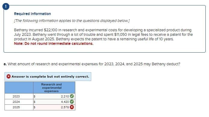 Required Information
[The following Information applies to the questions displayed below.]
Bethany Incurred $22,100 in research and experimental costs for developing a specialized product during
July 2023. Bethany went through a lot of trouble and spent $11,050 in legal fees to receive a patent for the
product in August 2025. Bethany expects the patent to have a remaining useful life of 10 years.
Note: Do not round Intermediate calculations.
a. What amount of research and experimental expenses for 2023, 2024, and 2025 may Bethany deduct?
Answer is complete but not entirely correct.
Research and
experimental
expenses
2023
$
2,210
2024
$
4,420
2025
$
2,578