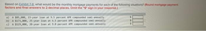 Based on Exhibit 7-8, what would be the monthly mortgage payments for each of the following situations? (Round mortgage payment
factors and final answers to 2 decimal places. Omit the "$" sign in your response.)
a) A $85,000, 15-year loan at 9.5 percent APR compounded semi-annually
b) A $171,000, 25-year loan at 4.5 percent APR compounded semi-annually
c) A $129,000, 20-year loan at 9.0 percent APR compounded semi-annually.