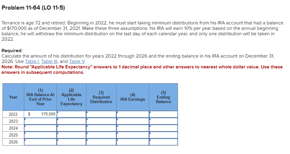 Problem 11-64 (LO 11-5)
Terrance is age 72 and retired. Beginning in 2022, he must start taking minimum distributions from his IRA account that had a balance
of $170,000 as of December 31, 2021. Make these three assumptions: his IRA will earn 10% per year based on the annual beginning
balance, he will withdraw the minimum distribution on the last day of each calendar year, and only one distribution will be taken in
2022.
Required:
Calculate the amount of his distribution for years 2022 through 2026 and the ending balance in his IRA account on December 31,
2026. Use Table I, Table III, and Table V.
Note: Round "Applicable Life Expectancy" answers to 1 decimal place and other answers to nearest whole dollar value. Use these
answers in subsequent computations.
Year
2022
2023
2024
2025
2026
(1)
IRA Balance At
End of Prior
Year
$ 170,000
(2)
Applicable
Life
Expectancy
(3)
Required
Distribution
(4)
IRA Earnings
(5)
Ending
Balance