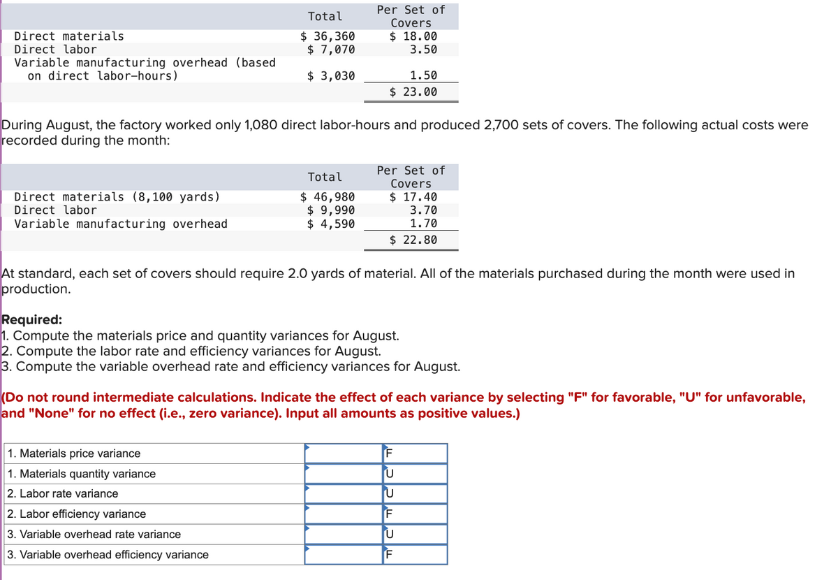 Direct materials
Direct labor
Variable manufacturing overhead (based
on direct labor-hours)
Direct materials (8,100 yards)
Direct labor
Variable manufacturing overhead
Total
$36,360
$ 7,070
$ 3,030
During August, the factory worked only 1,080 direct labor-hours and produced 2,700 sets of covers. The following actual costs were
recorded during the month:
Per Set of
Covers
$18.00
3.50
Total
$ 46,980
$ 9,990
$ 4,590
1. Materials price variance
1. Materials quantity variance
2. Labor rate variance
1.50
$23.00
2. Labor efficiency variance
3. Variable overhead rate variance
3. Variable overhead efficiency variance
At standard, each set of covers should require 2.0 yards of material. All of the materials purchased during the month were used in
production.
Per Set of
Covers
$ 17.40
3.70
1.70
$22.80
Required:
1. Compute the materials price and quantity variances for August.
2. Compute the labor rate and efficiency variances for August.
3. Compute the variable overhead rate and efficiency variances for August.
(Do not round intermediate calculations. Indicate the effect of each variance by selecting "F" for favorable, "U" for unfavorable,
and "None" for no effect (i.e., zero variance). Input all amounts as positive values.)
F
F
F